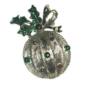 Christmas Ball Ornament Pin Brooch- Green Red Accents-  signed  Gerrys